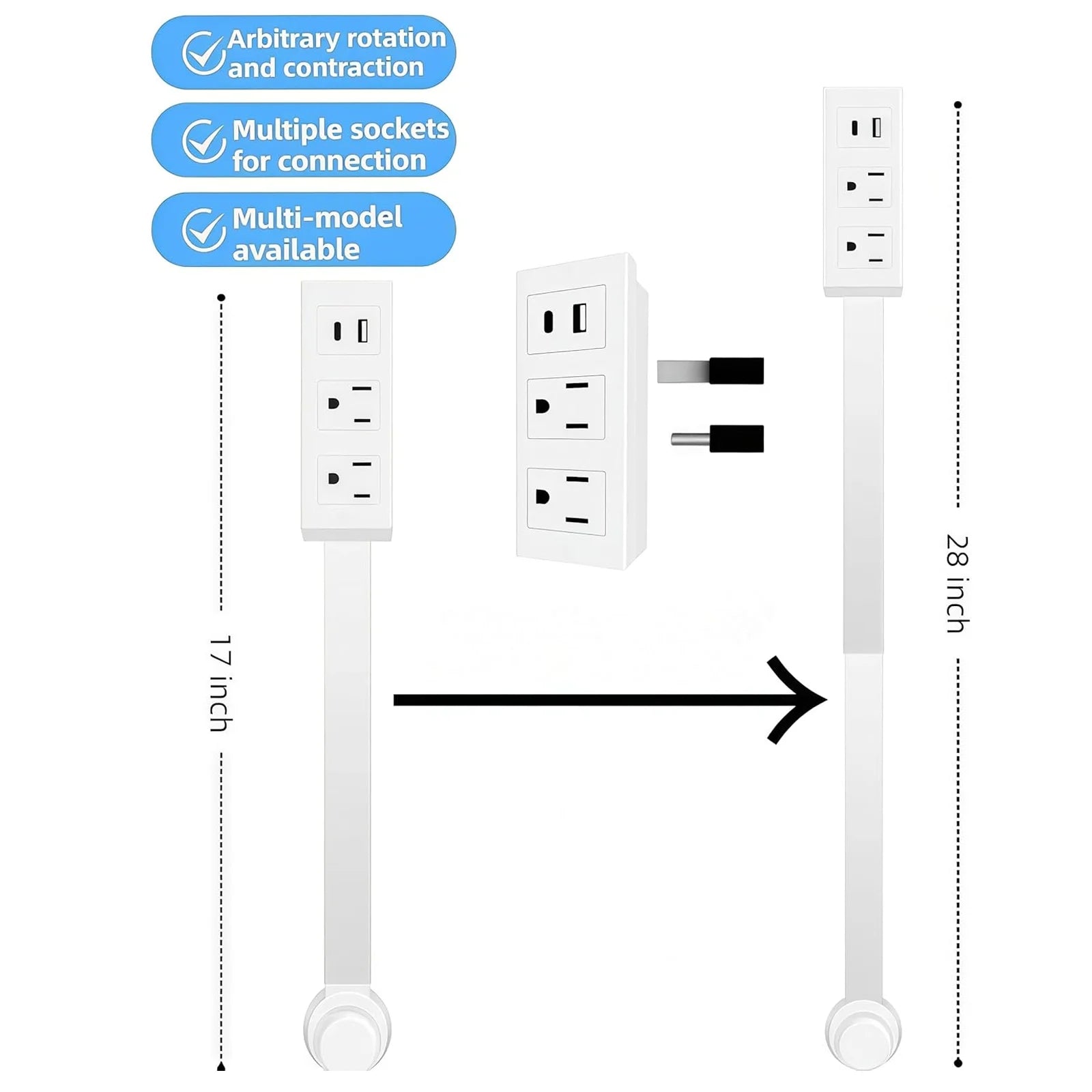 Outlet Extender Stick,Extendable Outlet,Rotating Outlet Extender,Electrical Outlet Extender Stick,Extended and Rotating Outlet Features,With Usb-A, Usb-C, and 2 Ac Outlets